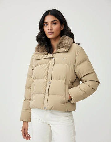 Beige Puffer Jacket with Faux Fur Collar