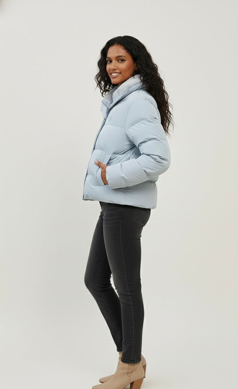 Light Blue Puffer Jacket with Faux-Fur Collar