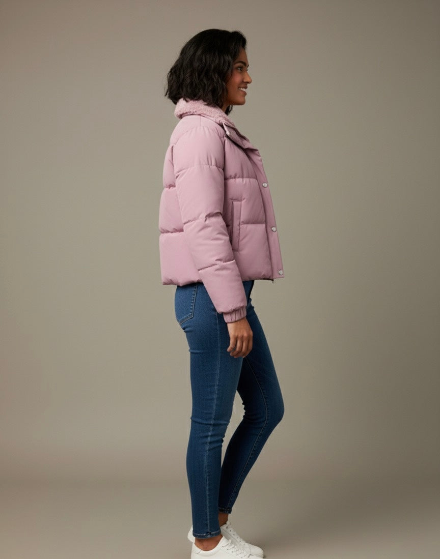 Dusty Pink Puffer Jacket with Faux Shearling Collar
