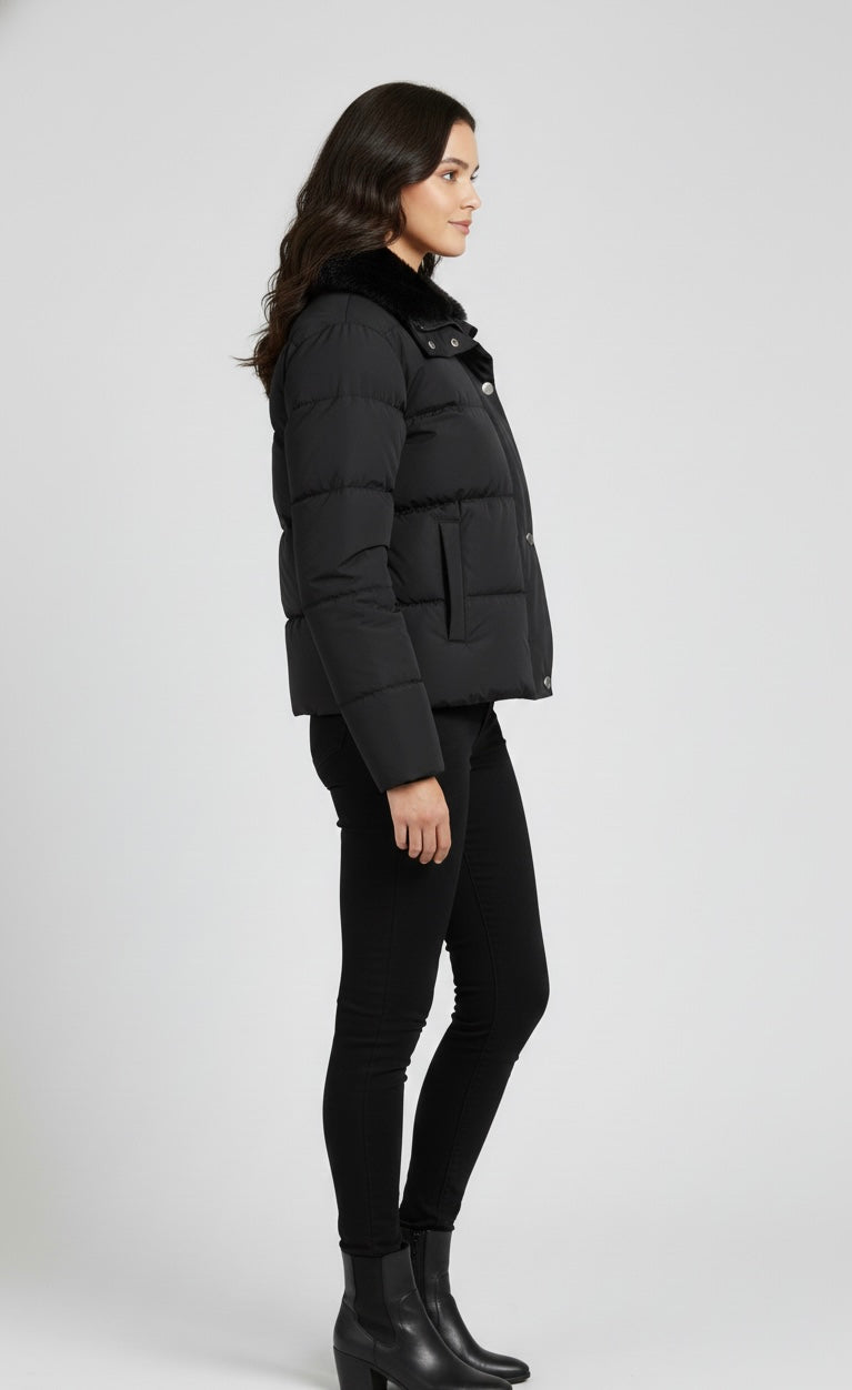 Classic Black Puffer Jacket with Faux Fur Collar