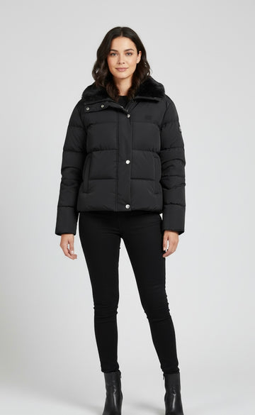 Classic Black Puffer Jacket with Faux Fur Collar