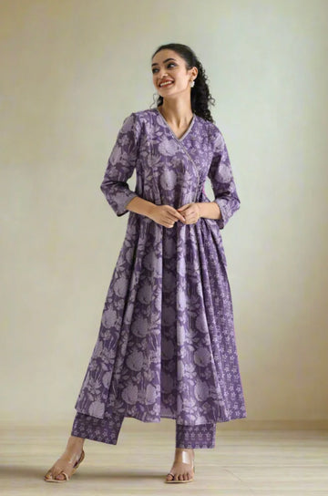 Royal Bloom: Purple Angrakha Anarkali Adorned in Block Print Heritage