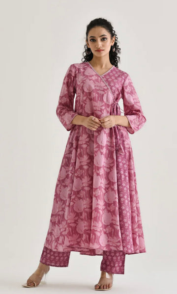 Blush Elegance: Pink Angrakha Anarkali in Hand Block Print