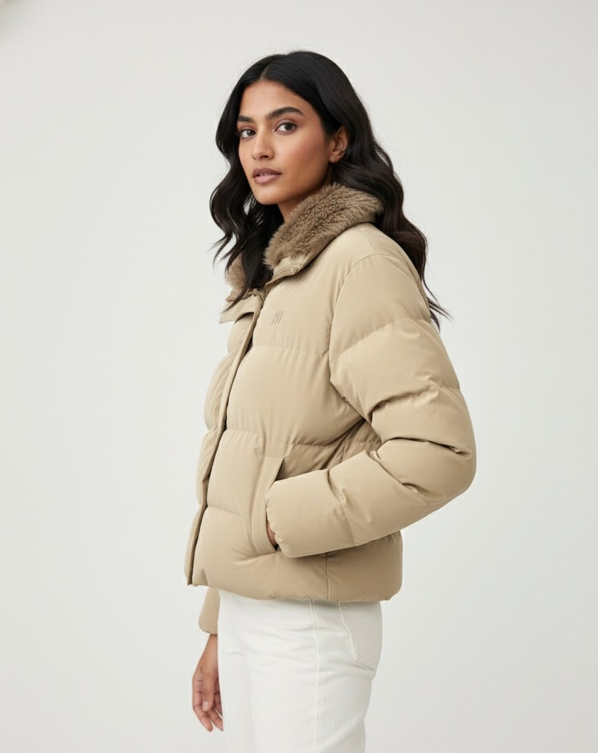 Beige Puffer Jacket with Faux Fur Collar