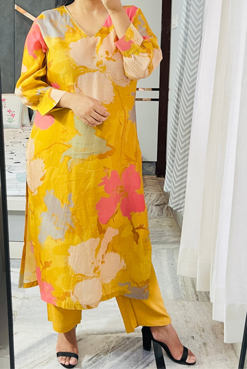 Floral Print Muslin Kurta Set - Yellow