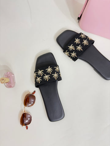 Pearl Palm Embroidered Slides