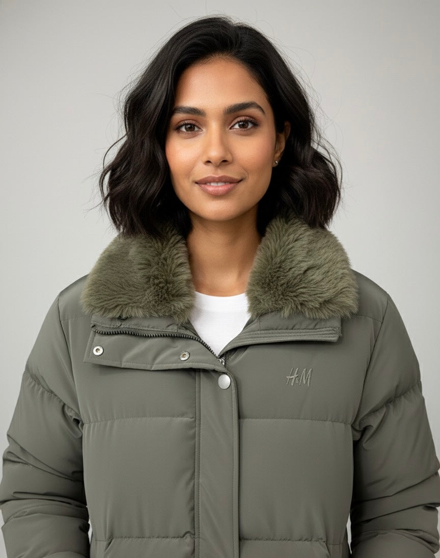 Olive Green Puffer Jacket with Faux Fur Collar