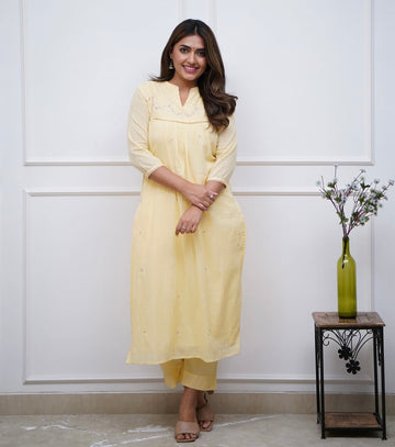 Lime Cotton Kurta Set with Delicate Embroidery