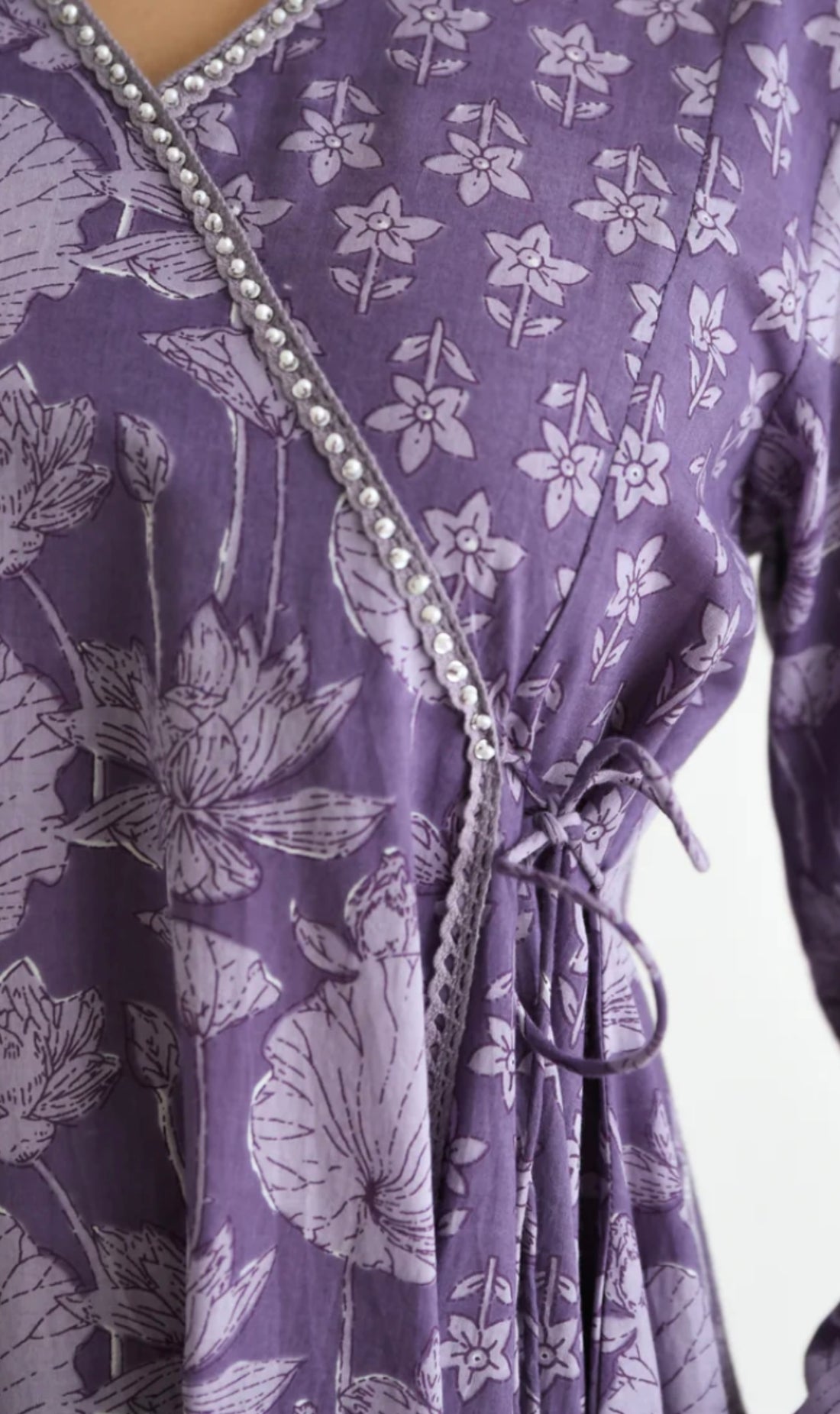 Royal Bloom: Purple Angrakha Anarkali Adorned in Block Print Heritage
