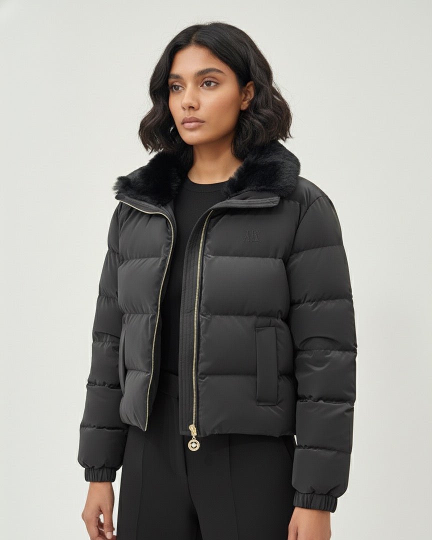 Black Puffer Jacket with Faux-Fur Collar