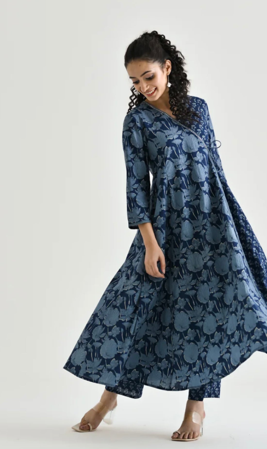 Mystic Indigo: Handcrafted Angrakha Anarkali in Block Print Elegance