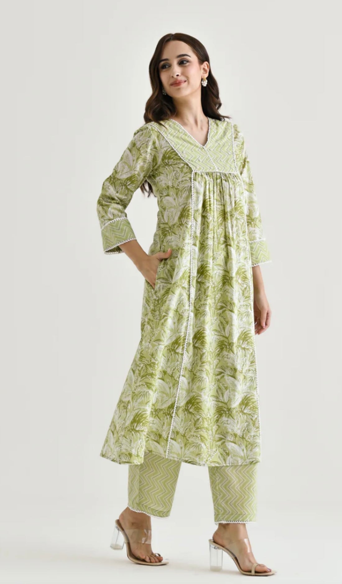 Lime Breeze Flared Cotton Kurta Set