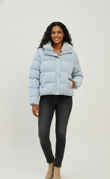 Light Blue Puffer Jacket with Faux-Fur Collar
