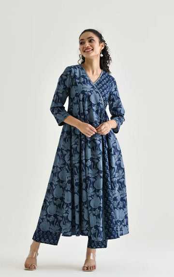 Mystic Indigo: Handcrafted Angrakha Anarkali in Block Print Elegance