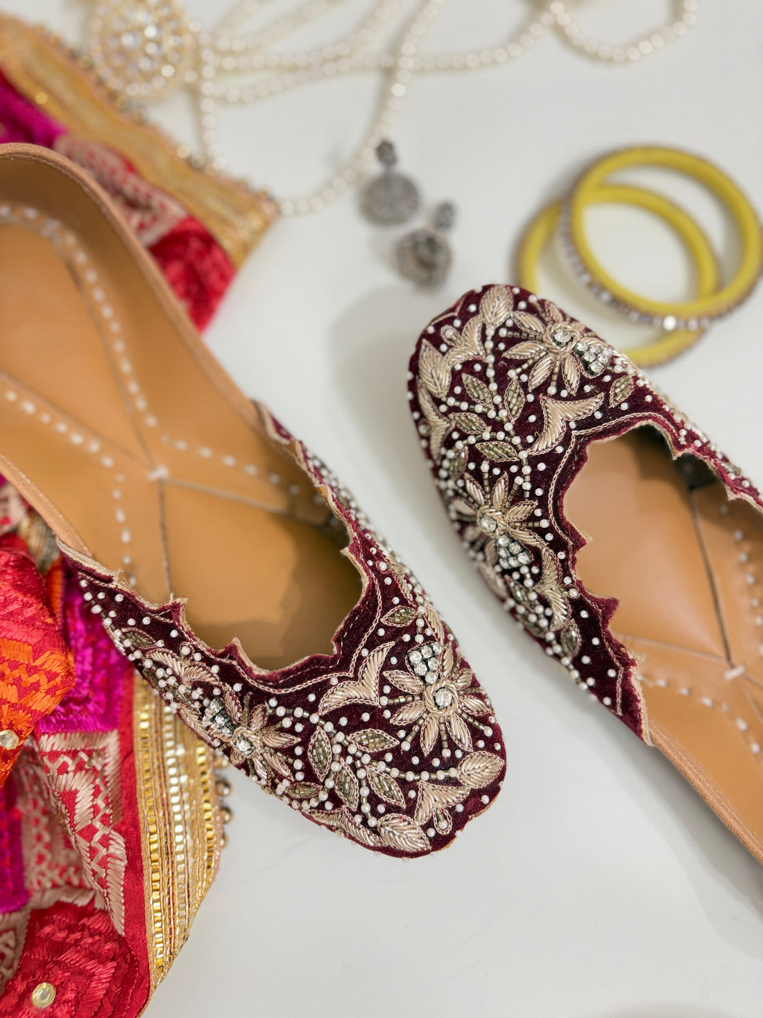 Velvet Elegance: Maroon Hand-Embroidered Jutti 
