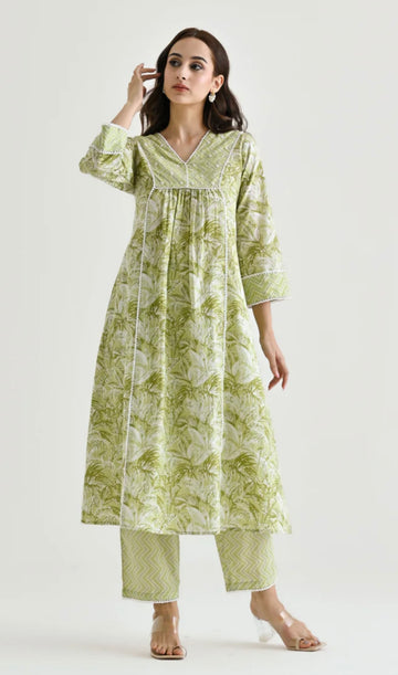 Lime Breeze Flared Cotton Kurta Set