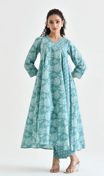 Serene Sea Green: Graceful Angrakha Anarkali with Pearl & Sequin Charm