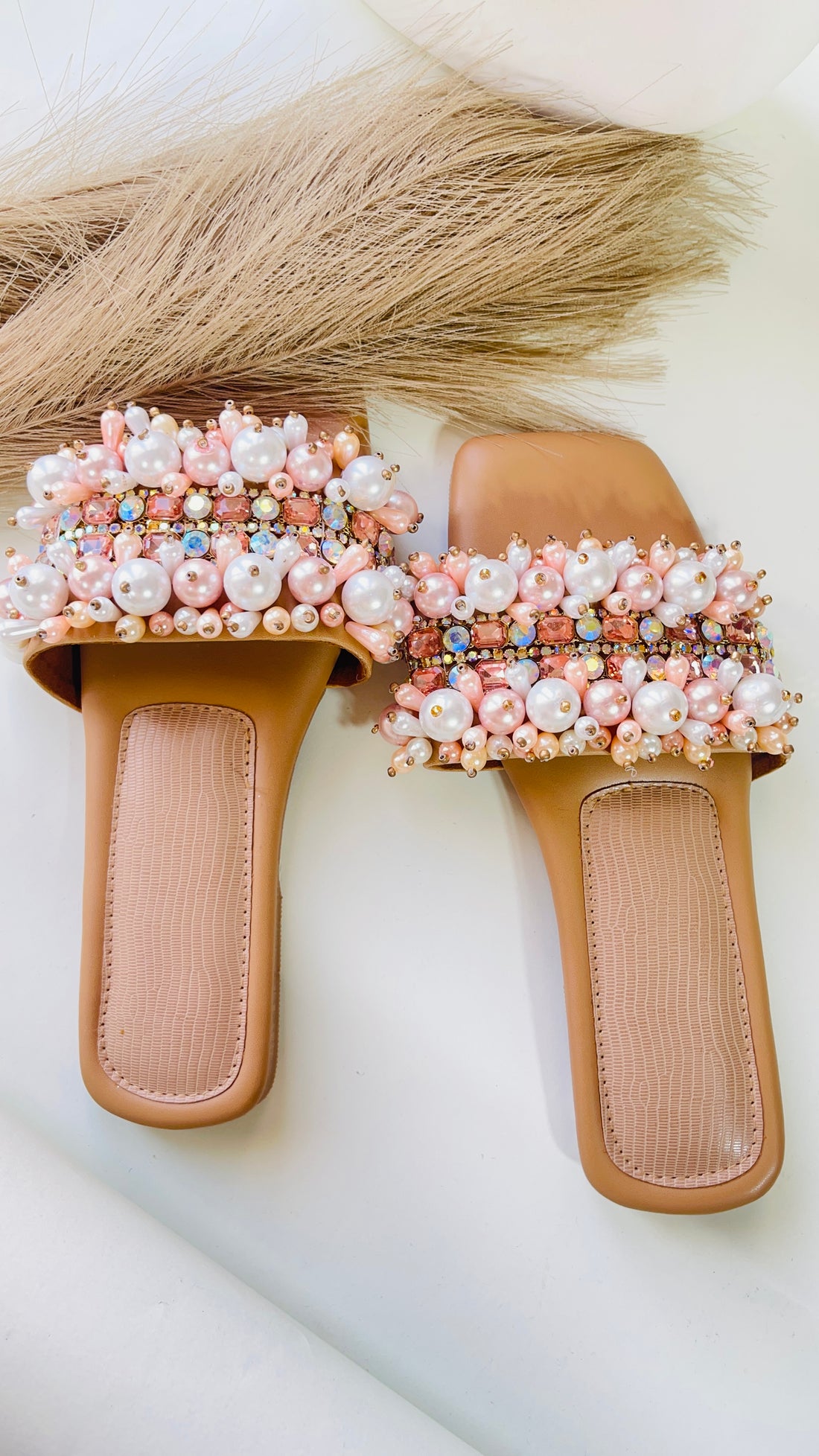 Peach Pearl Embellished Slides