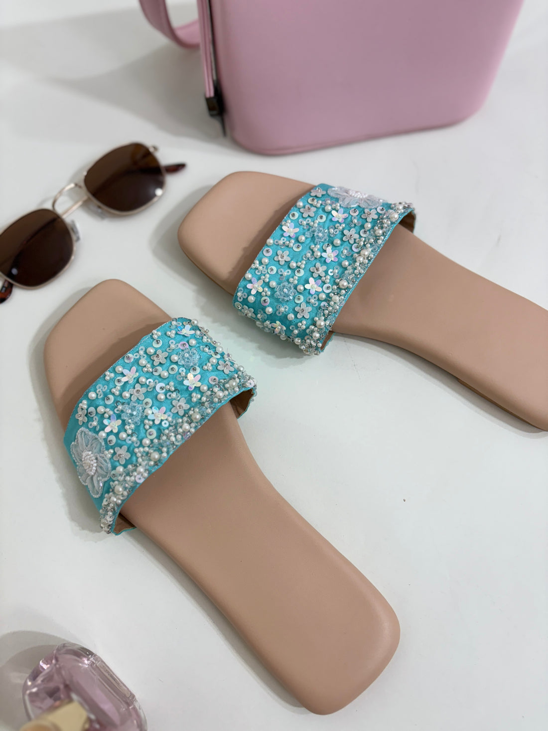 Aqua Bloom Embellished Flats
