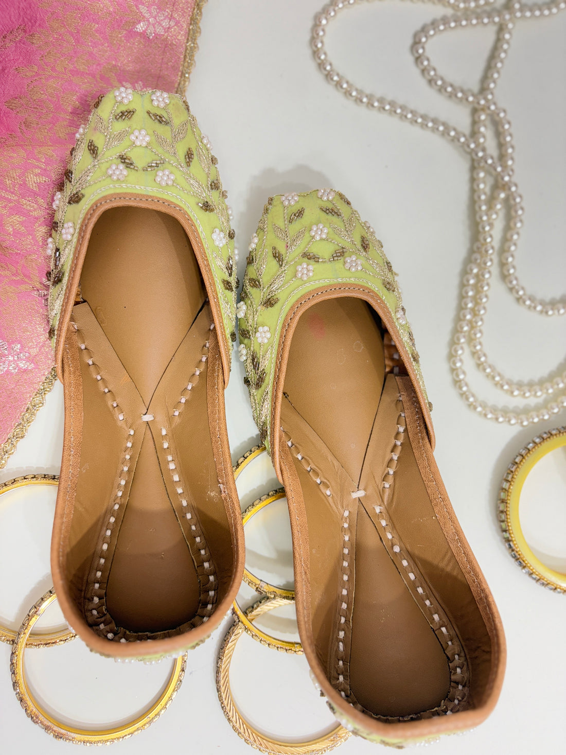 Pistachio Bloom: Hand-Embroidered Juttis