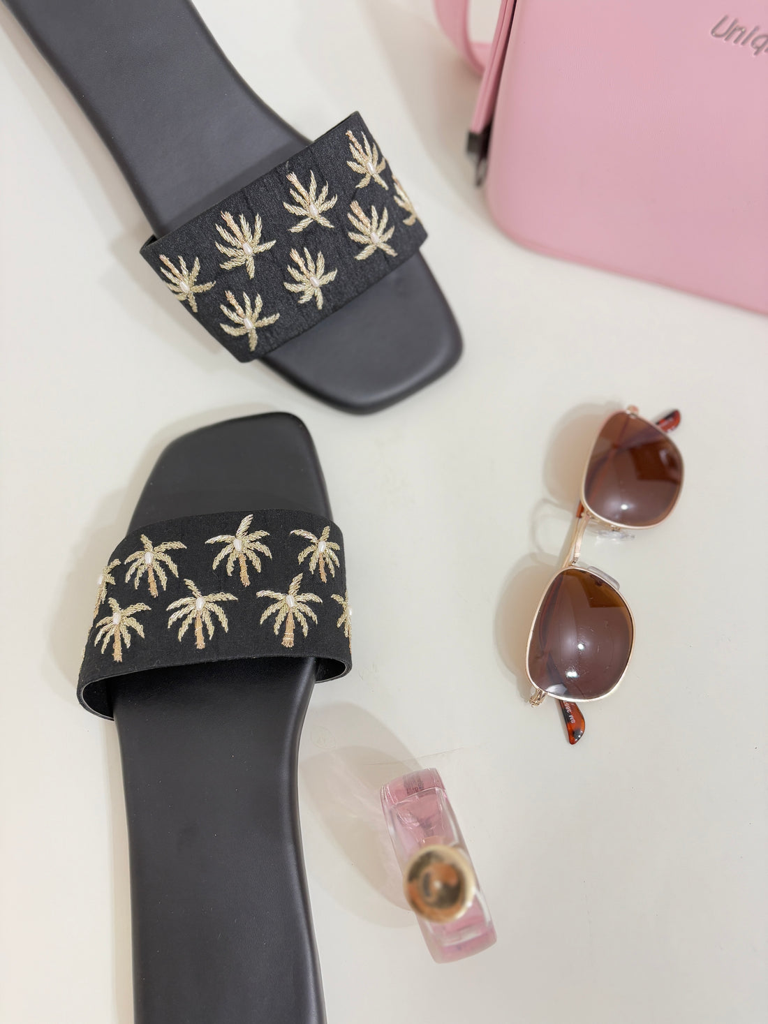 Pearl Palm Embroidered Slides