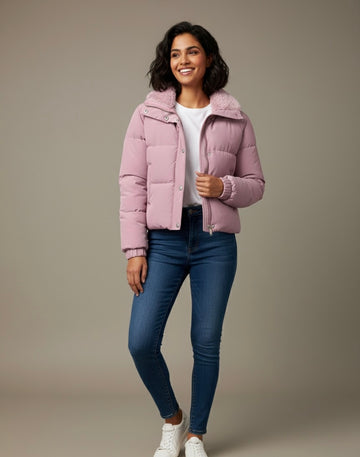 Dusty Pink Puffer Jacket with Faux Shearling Collar
