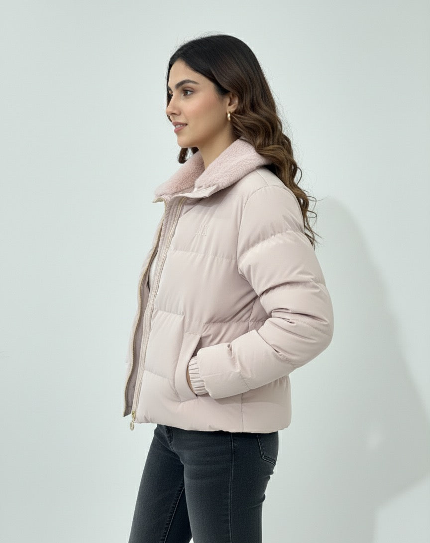 Blush Pink Cropped Puffer Jacket with Plush Faux-Fur Collar