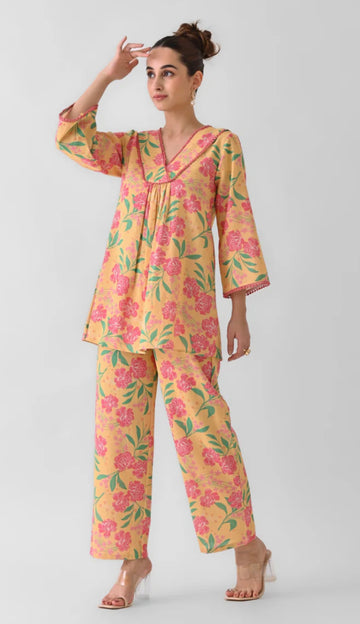 Yellow Floral Co-ord Set with Lace detailing