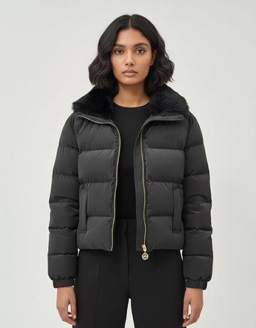 Black Puffer Jacket with Faux-Fur Collar