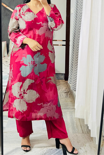 Floral Print Kurta Set - Red