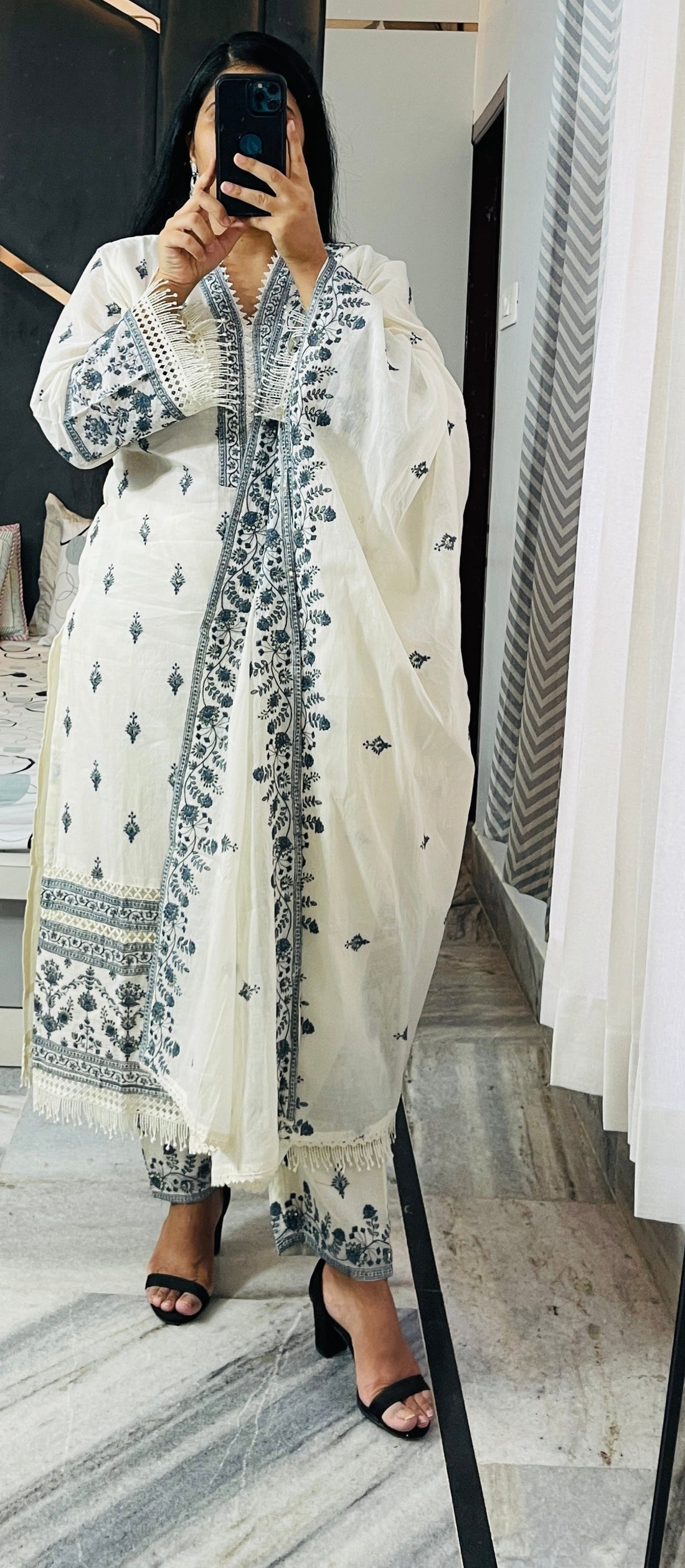 White Kora Cotton Suit with Charcoal Embroidery