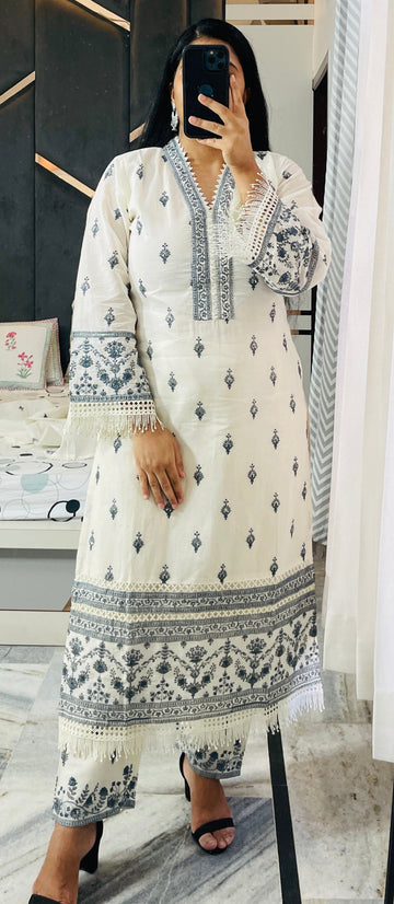 White Kora Cotton Suit with Charcoal Embroidery