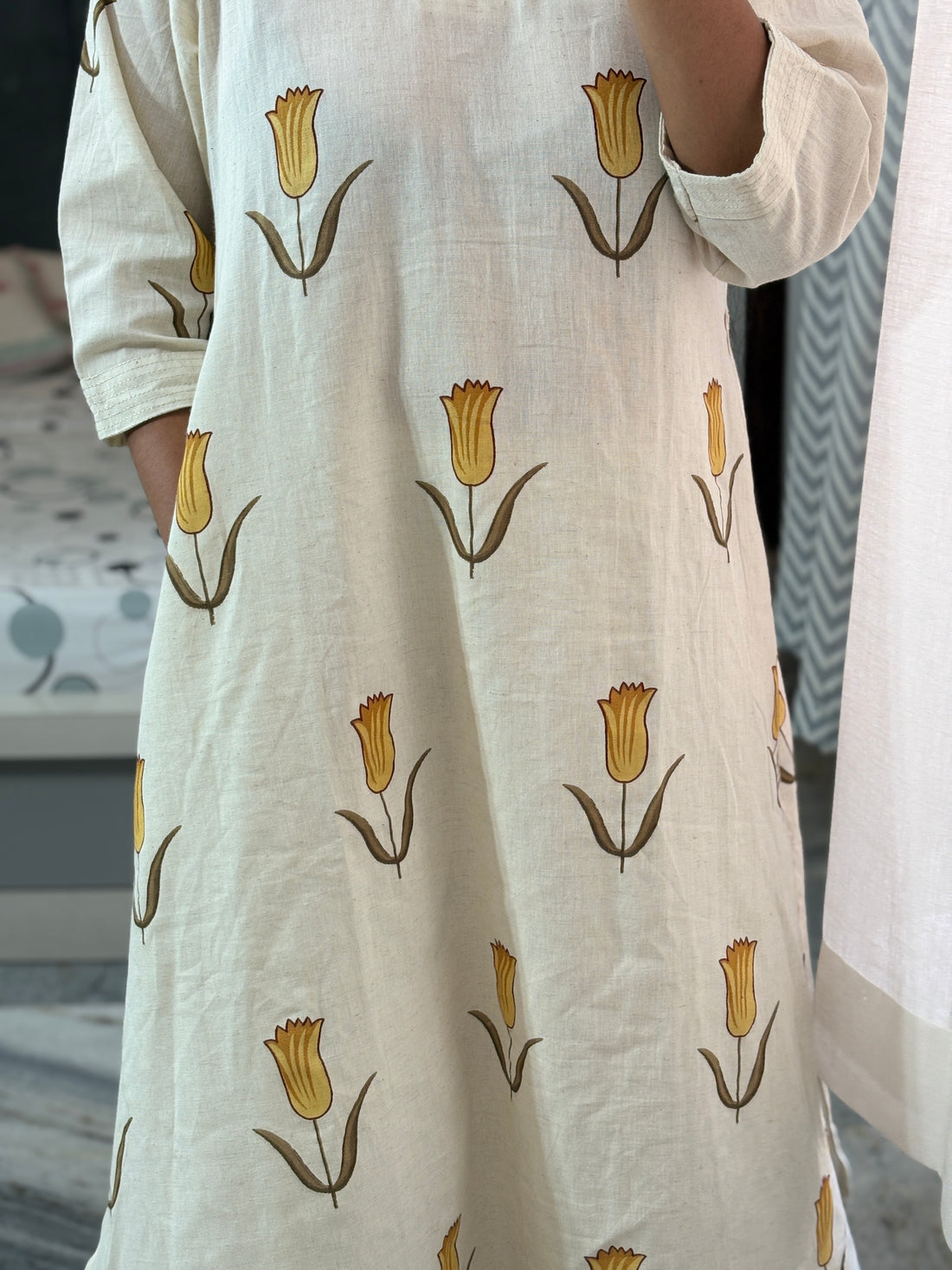 Tulip Print Khadi Kurta Set